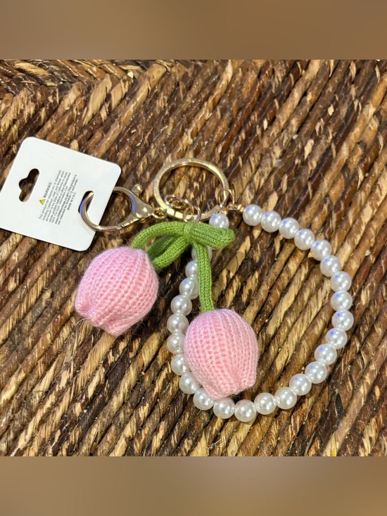 Accessories - Pearl Beaded Bag Charm Key Chain with Crochet Tulips - NEW